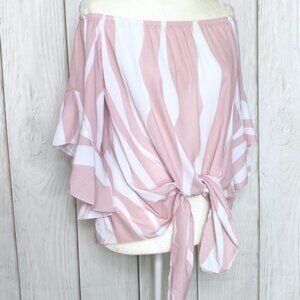 Boutique Brand Pink & White Off Shoulder Vertical Zebra Stripe Blouse